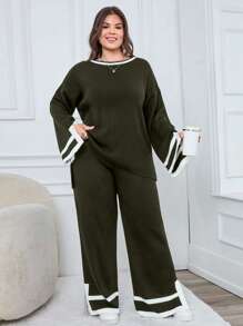 EURMUSE 1pc Contrast Trim Drop Shoulder Sweater & 1pc Knit Pants - Army Green - View 1