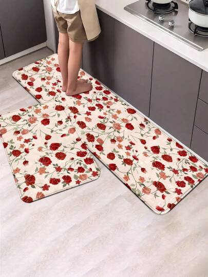 Goth 1 pièce Tapis de cuisine avec rose rouge - tapis de sol antidérapant avec mousse à mémoire de forme, design anti-fatigue et imperméable pour évier, cuisinière et comptoir, décoration florale vintage lavable - style campagnard, cottagecore, cadeau de la Saint-Valentin