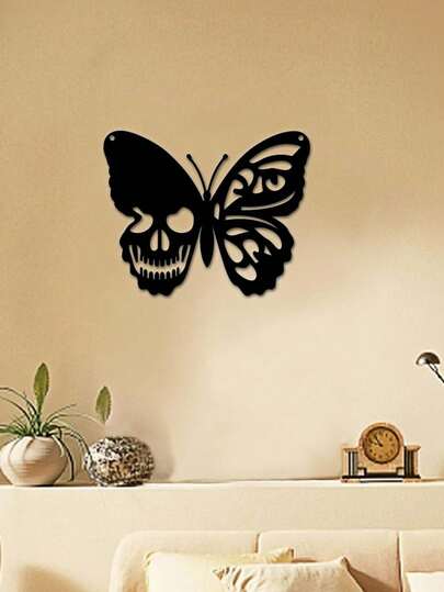 Goth 1pc Metal Skull Butterfly Wall Decor - Iron Hanging Ornament For Garden, Living Room, Gothic Home Decor, Spooky Party Supplies, Rustic Craft Art