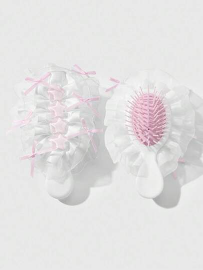 Kawaii 1pc Cute & Sweet Mini Cartoon High-Quality Pink & White Mesh Lace Ribbon Bow Resin Glitter Star Decor Mini Air Cushion Massage Hair Comb, Suitable For Women/Girls Daily Use, Holiday Gift