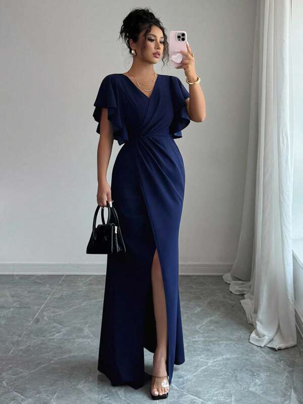 Elenzga Elegant romantisches Damen Kleid mit gerüschten Ärmeln, V-Ausschnitt, taillierter Passform und Schlitz-Saum
