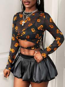 BamGleam Femmes Sexy T-shirt manches longues, ajouré, à motif citrouille en dentelle pour fête d'Halloween - Multicolore - Voir 3