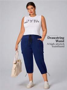 Flexra 大码女式抽绳腰锥形七分牛仔裤 - 藍色 - 查看 4