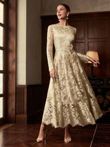 ZEYLAH EMBROIDERED FLORAL ELEGANT WAISTED DRESS - Champagne - View 4