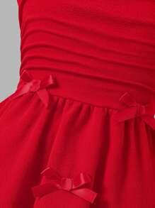 Elladie kids 年轻女孩优雅纯色 3D 丝带装饰荷叶边肩带中长连衣裙，适合派对、返校季、春夏季 - 紅色 - 查看 4