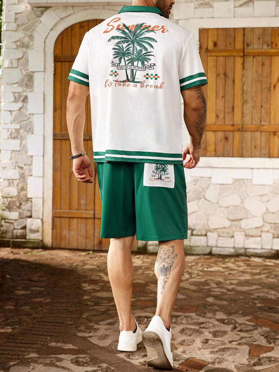 Manfinity Homme Plus Size Men Summer Resort Tropical Palm Tree Print Cuban Collar Short Sleeve Shirt Set - Multicolor - View 1