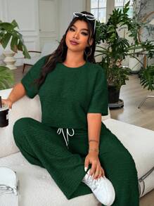 Solflare 2 chiếc/bộ áo cánh và quần dài màu xanh ô liu cho nữ cỡ lớn thường ngày - Màu xanh lá cây đậm - Xem 3