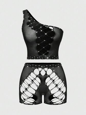 ROMWE Avant Conjunto de lencería sexy para mujer con malla elástica de vanguardia decorada con diamantes brillantes