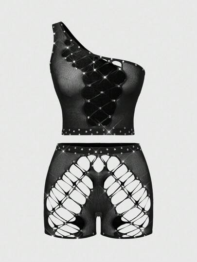 ROMWE Avant Fashionable Avant-Garde Super Stretchy Mesh Shiny Diamond Decorated Sexy Women's Lingerie Set