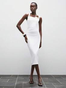 Lumivelle Sleeveless, Form-Fitting And Elegant Mid-Length Dress For Women With Swing Collar All White Summer Dress Clothes For University - White - View 4