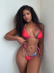 Alexandranx 女士夏季海滩扎染吊带性感比基尼两件套泳衣套装 - 紅色 - 查看 4