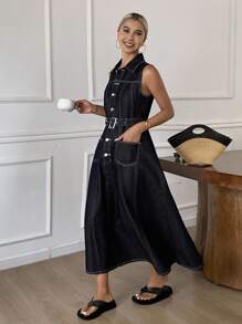 DAZY 女士休闲无袖收腰A字连衣裙，撞色拼接牛仔夏季度假连衣裙 - 藍色 - 查看 5