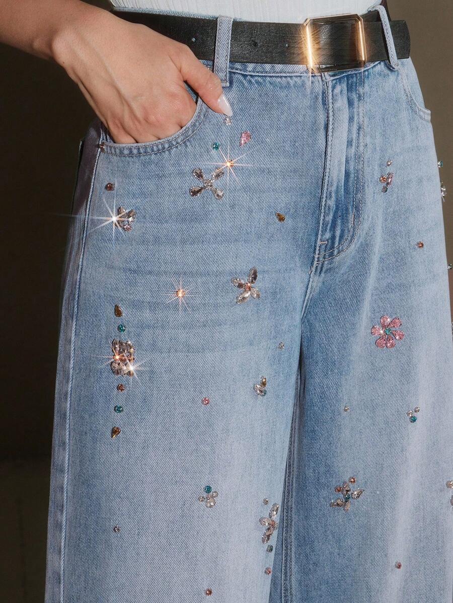 Anewsta 水钻装饰休闲百搭女式阔腿牛仔裤，日常穿着 - 白色 - 查看 1