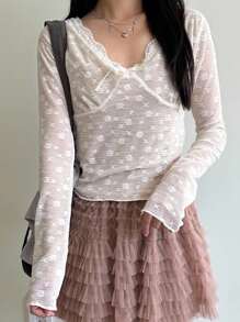 DAZY V-Neck Bowknot Sheer Lace Trim Long Sleeve Sexy Crop Top For Women - White - View 3