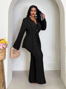 Veslaya 2 piezas Conjunto de mujer talla grande 2025 Primavera/Verano Casual/Playa/Viaje por carretera/Escapada urbana Cardigan con lazo en el cuello en color caqui sólido y pantalón ancho de pierna larga con cintura elástica Conjunto de 2 piezas talla grande - Negro - Ver 4