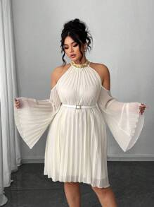 Elenzga 大码优雅露肩褶皱喇叭袖连衣裙