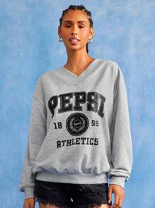 PEPSI X SHEIN 女式字母图案V领休闲长袖运动衫 - 灰色 - 查看 4