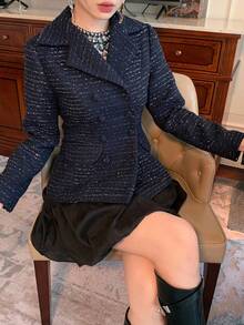 DAZY 女士优雅双排扣立领长袖修身加厚羊毛大衣秋冬夹克 - 藏蓝色 - 查看 7