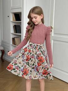 SHEIN Tween Girls Color Block Pink Floral Print Puff Sleeve Belted Dress - Pink - View 7