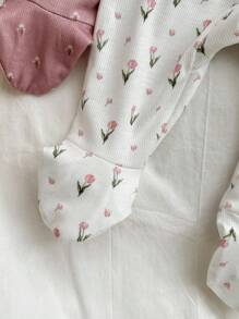 SHEIN 3件套新生女婴休闲针织碎花弹力连体衣套装