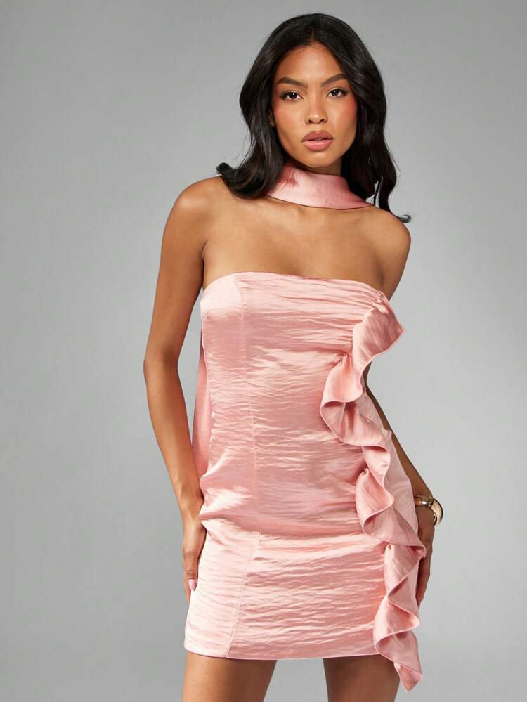 MISSGUIDED Strapless Mini Dress With Ruffle Detail Draped Neck Satin Wedding Guest Party Semi Formal Graduation Special Occasion Homecoming Prom Night Out
