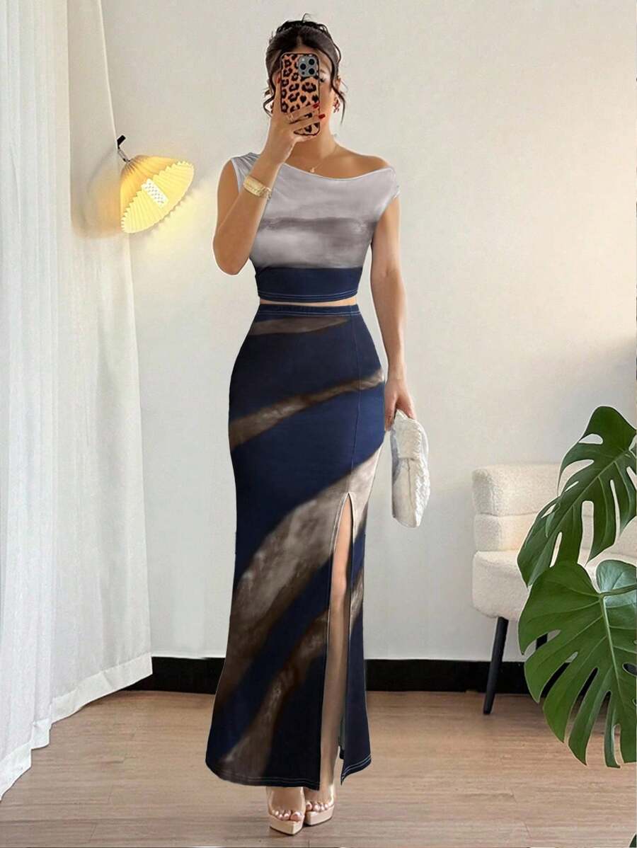 Rafferiza 2pcs/Set Women Tie-Dye Print Asymmetrical Crop Top And Split Hem Fitted Midi Skirt Set - Navy Blue - View 1
