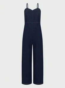 Daynim 女士时尚休闲牛仔连体裤，适合通勤 - 深色水洗藍 - 查看 7