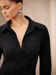 SHEIN Unity Versatile Asymmetric Front Long Sleeve Dress For Commuting - Black - View 6