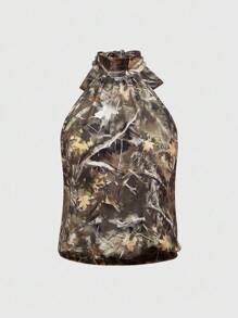 ROMWE Street Life California Chic Vintage Camouflage Pattern High Collar Halter Backless Sexy Women Tank Top - Multicolor - View 1