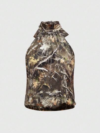 Street Life California Chic Vintage Camouflage Pattern High Collar Halter Backless Sexy Women Tank Top