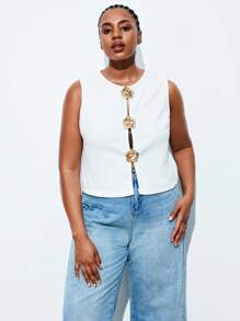 Maija Women Plus Size White Tank Tops, Sleeveless Solid Top With Rose Gold Metal Button Decor, Fall Autumn Back To School Homecoming Modest Vintage Women Old Money Teacher Romantic, Fashion, Versatile; Comfortable, Stylish, Elegant, Casual, Simple Daily Wear