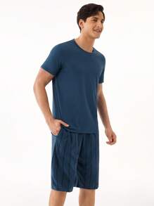 Manfinity Men Solid Tee & Striped Print Shorts PJ Set / Pajama Set