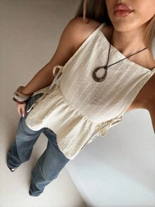 Aloruh 女士休闲系带亚麻白色和米色条纹无袖上衣，女士夏季上衣，度假