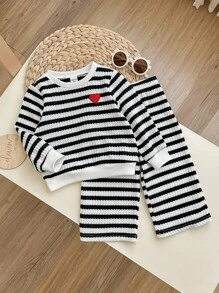 SHEIN Baby Girl Casual Contrast Striped Sweatshirt & Pants Set Toddler Striped Outfit Baby Striped Two Piece Set Knit Striped Baby Clothes Black And White Baby Set Toddler Knit Set Fall Winter