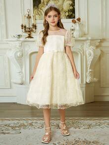 Hapijoa Girls Princess Dress With Bow, Sweet Mesh Party Dresses, Tween Girl Summer Outfit - Apricot - View 3