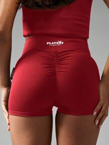 Missguided x Playboy Christmas High Waisted Ruched Bum Scrunch Athletic Booty Shorts Gym Summer Festival Active Shorts - Red - View 3