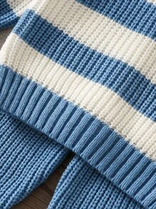 SHEIN Vintaside Kids 男婴条纹圆领长袖毛衣和针织裤休闲套装；男婴毛衣套装；男婴蓝色针织套装；蓝白条纹婴儿毛衣；男婴针织两件套；男婴针织裤；男婴针织两件套；男婴针织裤；男婴柔软条纹长袖毛衣和裤子套装，日常保暖舒适；男婴蓝白条纹长袖毛衣套装，冬季舒适；男婴蓝白条纹长袖毛衣针织套装，秋季穿着。