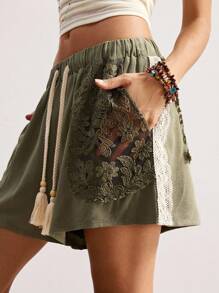 Bohemela BOHO 复古休闲编织拼接网眼刺绣宽松拼布女式短裤，乡村风格度假夏/秋季，适合度假和日常穿着流苏短裤刺绣短裤女式短裤夏季宽松短裤舒适短裤 - 軍綠色 - 查看 1