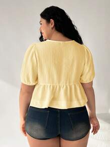 Solflare Plus Size Casual Solid Color Tie Cuff Puff Sleeve Shirt - Yellow - View 2
