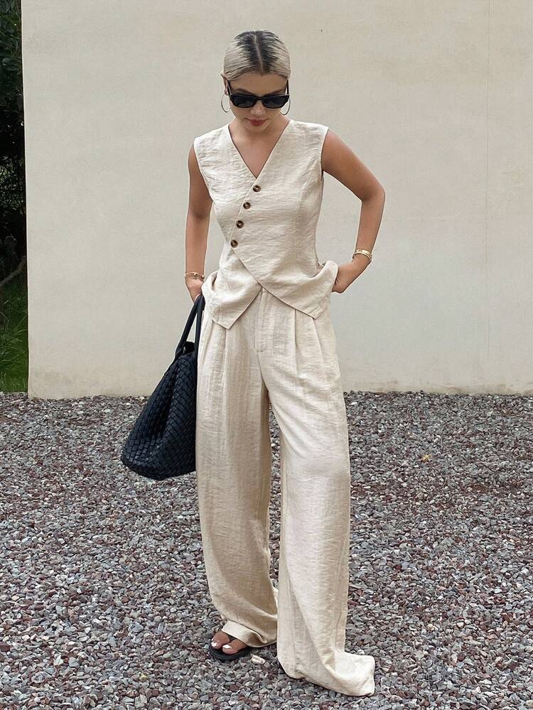 Women Summer V-Neck Short Sleeve Fitted Loose 2pcs Set (Top & Pants)