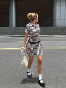 SHEIN Robe mini décontractée et confortable à rayures avec col et taille cintrée, rentrée scolaire pour adolescentes - Vert - Voir 4