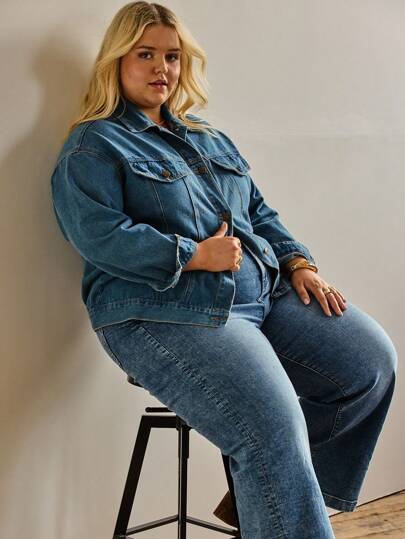 Aralina Autumn/Winter/Fall Plus Casual Classic Button-Down Denim Jacket Perfect For Going Out Outfits And Country Concert Outfits And Teacher Outfits