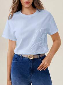 Chiquease Uhlyne Damen T-Shirt aus Baumwolle, einfarbig, für den Alltag, lässiges Design, modisch, Basic, bequem, Herbst, minimalistisch, Arbeitskleidung, Lehrerkleidung, Schulanfang, Herbst, neutral, Business Casual, Old Money Style - Babyblau - Übersicht 12