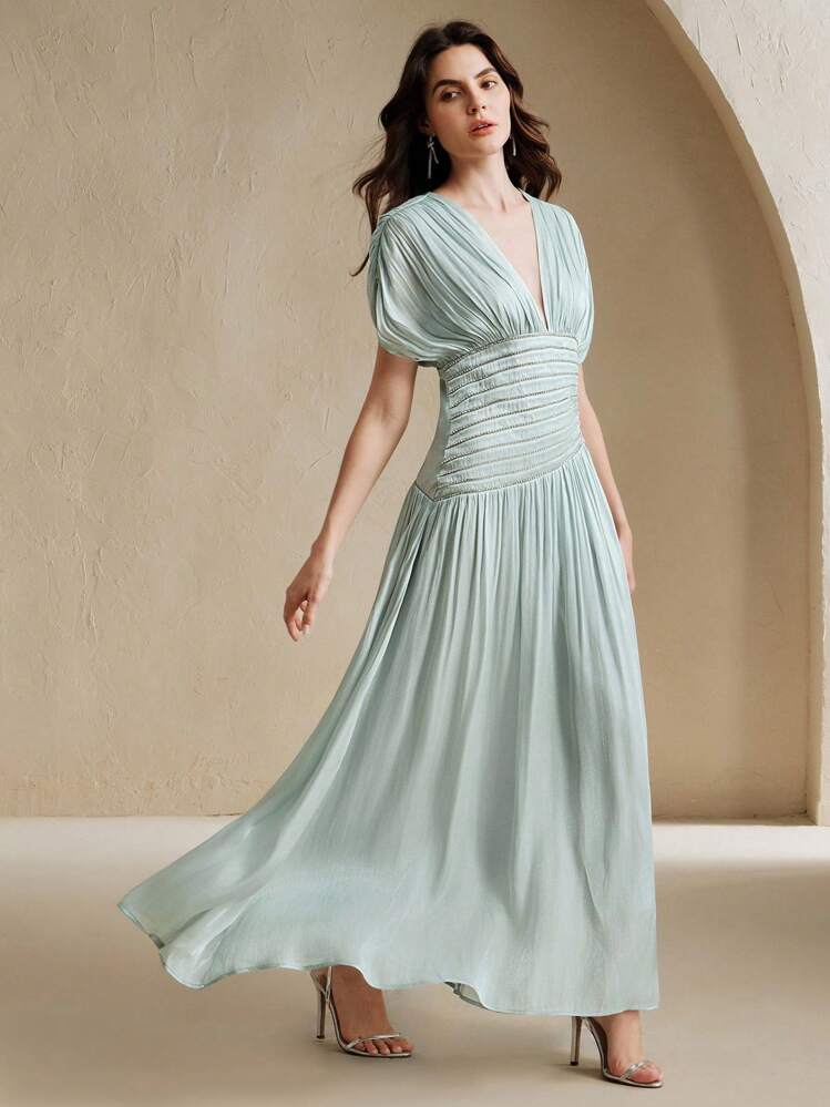 Anewsta فستان طويل أنيق للسيدات، رقبة على شكل حرف V، أكمام قصيرة، مزخرف بسلسلة من الخرز، خصر منسدل بطيات - أزرق فاتح اللون - مشاهدة 5