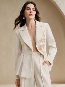 Anewsta Bộ vest 2 món thanh lịch, trang trọng, thêu hạt cườm, thắt eo, tay dài, quần ống loe, thời trang khi đi làm - Màu be - Xem 7