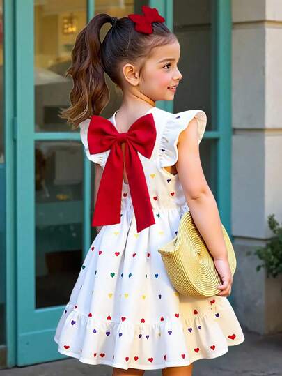 SHEIN Elladie kids Nuevo vestido mini de verano, estilo princesa, cute, para niña, con corte en forma de corazón en la espalda y lazo decorativo