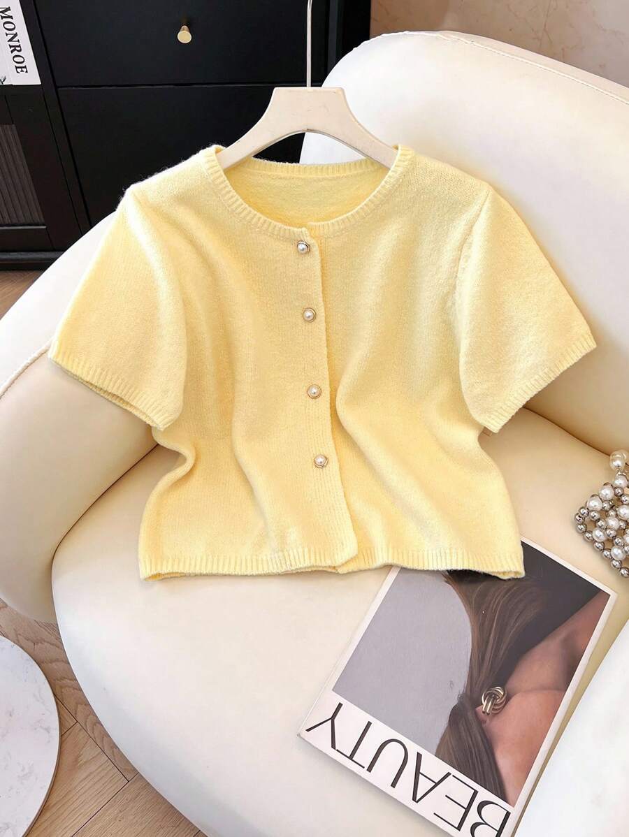 Franclia 女士经典长款优雅简约百搭休闲短袖开衫毛衣，办公室穿着 - 黃色 - 查看 1