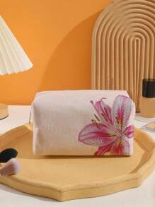 ROMWE Kawaii Pink Base Lily Flower Pattern Octagonal Velvet Cosmetic Bag