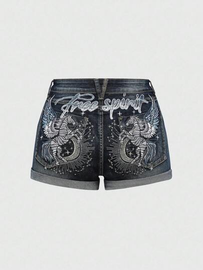 Fairycore Y2K Baddie Zebraprint Mond Stickerei Vintage-Waschung Tief-Taille Denim Shorts
