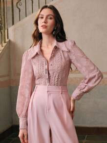 Anewsta Elegante Damen Bluse für Frühling/Herbst mit Kristalldekor, Jacquardblumen-Applikation, Kontrastspitze und Laternenärmel - Pink - Übersicht 4